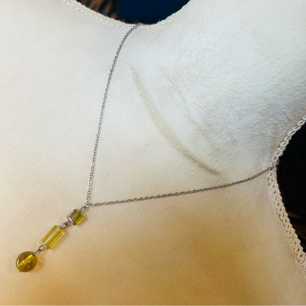 Handcrafted vintage golden lucite beaded drop pendant on chain necklace